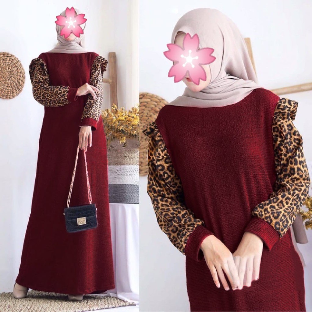 D19 1310 gamis vilia Bahan twiscone kombi leopard wolfis , LD 100 , pjg 135 cm , blkg s