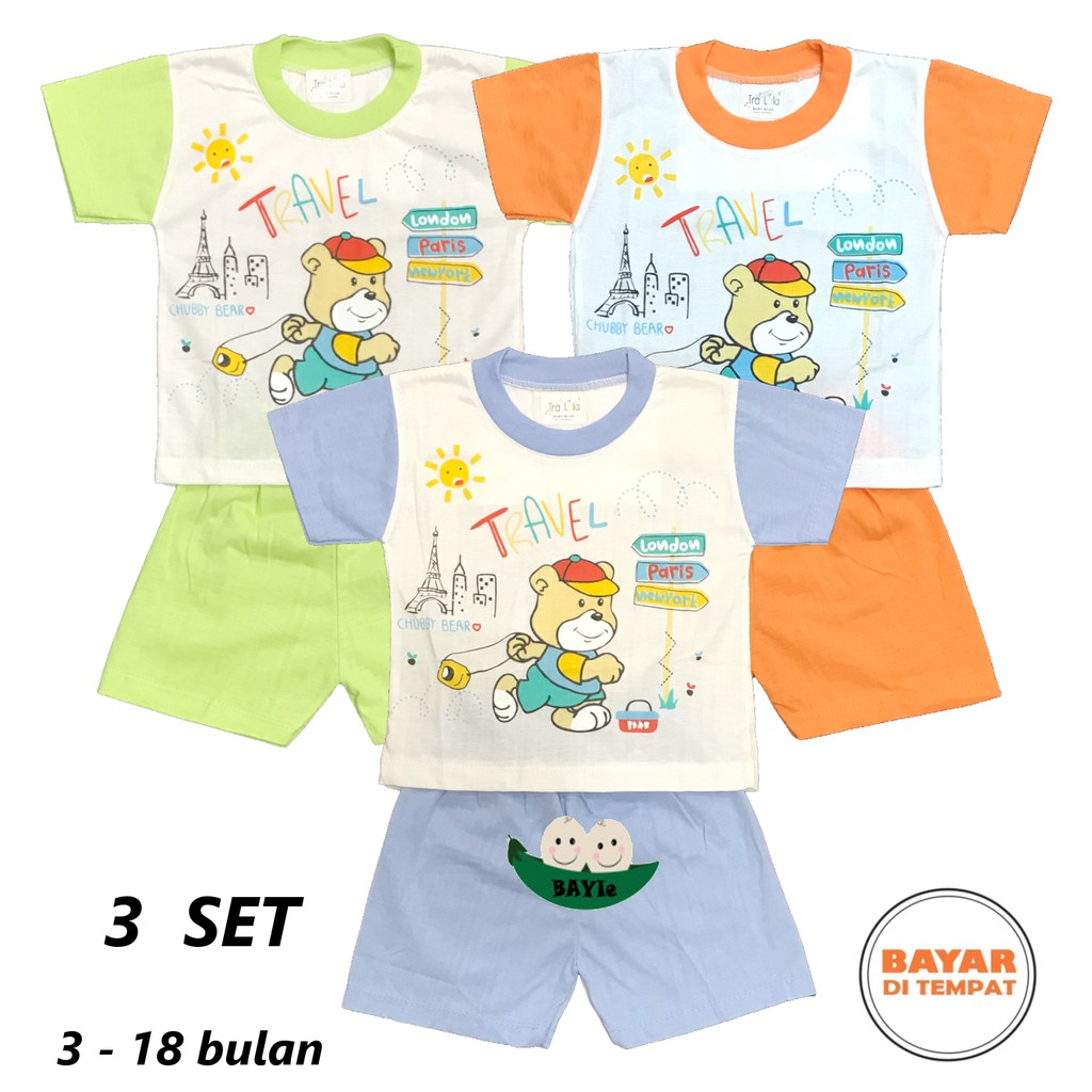 BAYIe - 3 SET Setelan Kaos Oblong Bayi / Anak Lengan PENDEK Gambar Random TRALALA umur 3 - 18 bulan