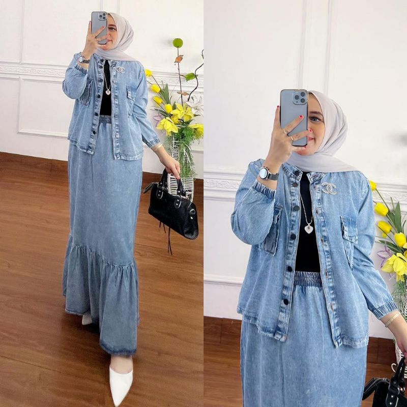 One Set Atasan+Rok Rempel Duyung Jeans Wash Denim