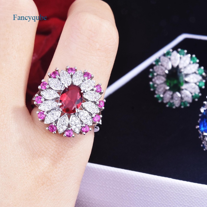 Fancyqube Cincin Model Terbuka Bentuk Bunga Oval Bahan Cubic Zirconia Biru Gaya Vintage Untuk Wanita