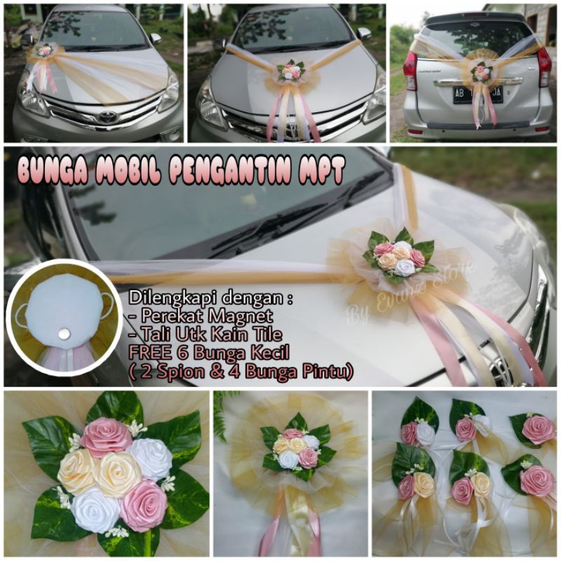 BUNGA MOBIL PENGANTIN SATIN MPT 3 WARNA MAGNET FREE 6 BUNGA KECIL