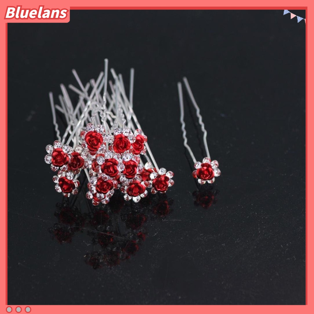 Bluelans 10pcs Jepit Rambut Bentuk Bunga Mawar Lapis Silver Aksen Berlian Imitasi Untuk Wanita