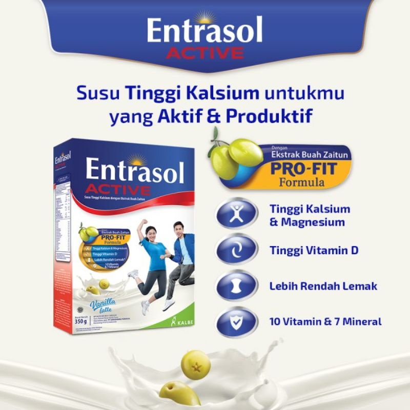 

ENTRASOL ACTIVE VANILLA LATTE 350 G KALSIUM VITAMIN D EXTRA MINYAK ZAITUN 350G RENDAH LEMAK