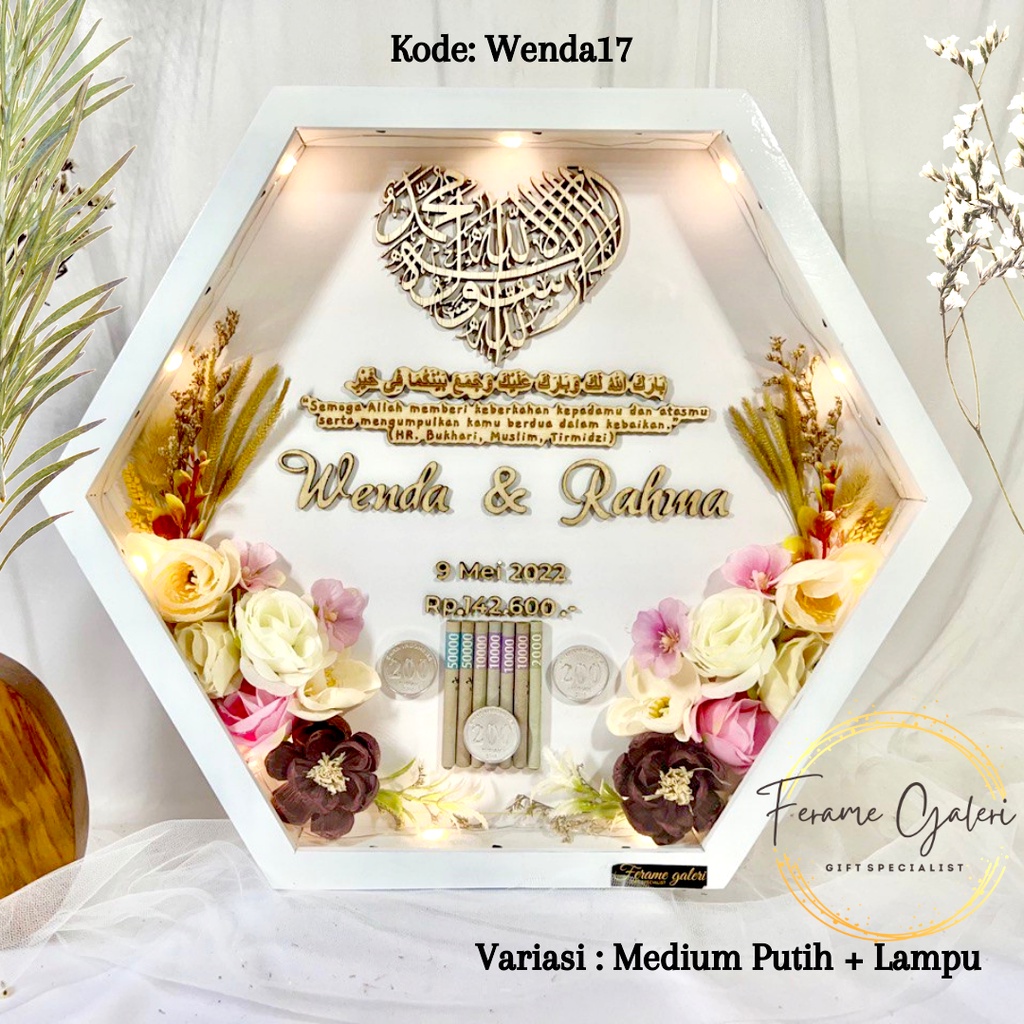 Wenda17 - Mahar Pernikahan Bingkai Mahar rustic | Dried flower bunga kering Bingkai Hexagonal | Bingkai Seserahan | Frame Mahar 3d kotak hexagonal by ferame galeri rustic