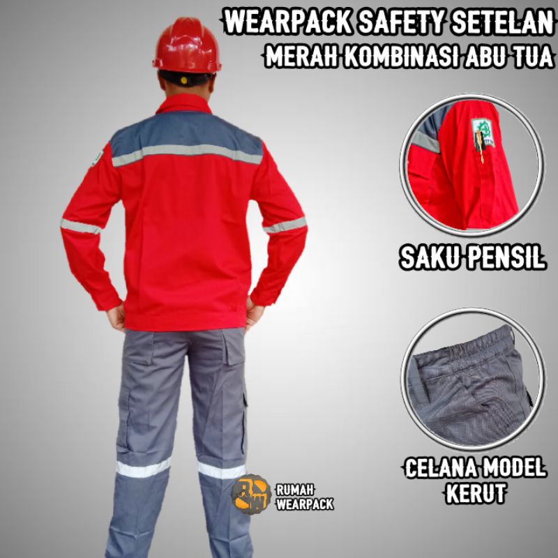 Wearpack Proyek  dan Celana Kerja Setelan Warna Merah Kombinasi Abu Tua