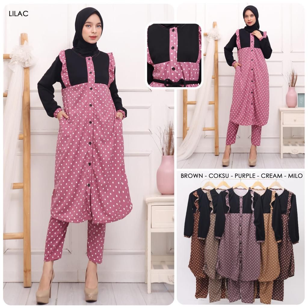 SETELAN TUNIK VOXY MOTIF POLKA KODE 873 -724 | ONE SET VIRAL POLKA TUNIK VOXY PREMIUM  MOTIF POLKA KODE 873 - 724 BEST SELLER