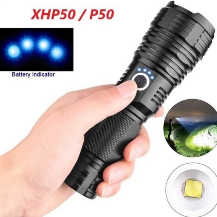 Paket lengkap Senter LED Tactical 200000 Lumens Xhp 50 -  Kualitas Cahaya Super Terang