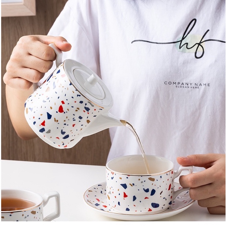 (A0413) Set teko teapot gelas cangkir teh kopi impor keramik cantik unik / Terazzo teapot set / hadi