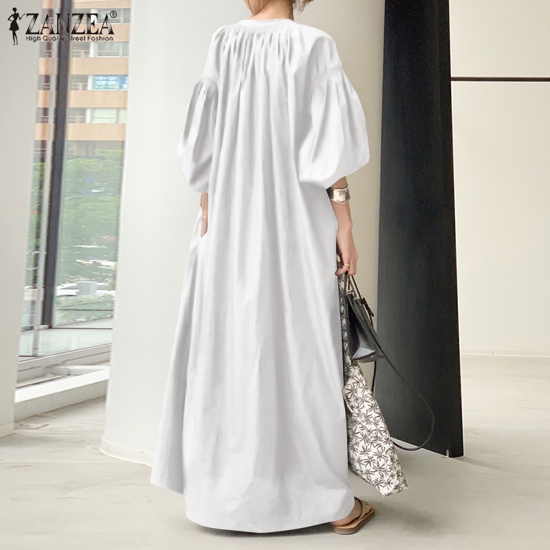 ZANZEA Women Collar V-Neck Puff Sleeve Solid Casual Maxi Dress