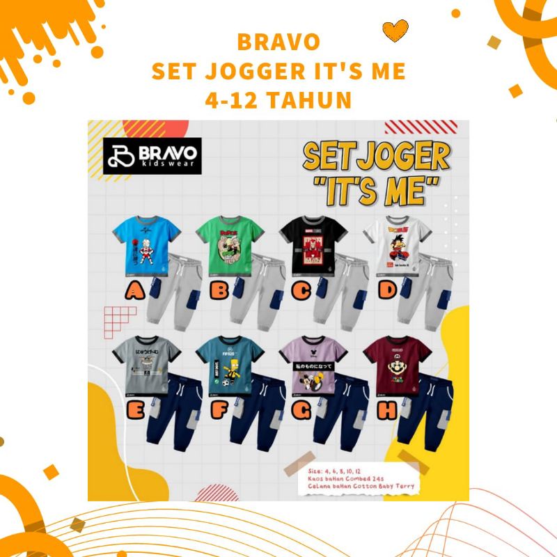 BRAVO SET JOGGER ITS ME SETELAN BAJU ANAK COWO KECE JUNIOR 4-12 TAHUN KARAKTER KARTUN LUAR NEGERI