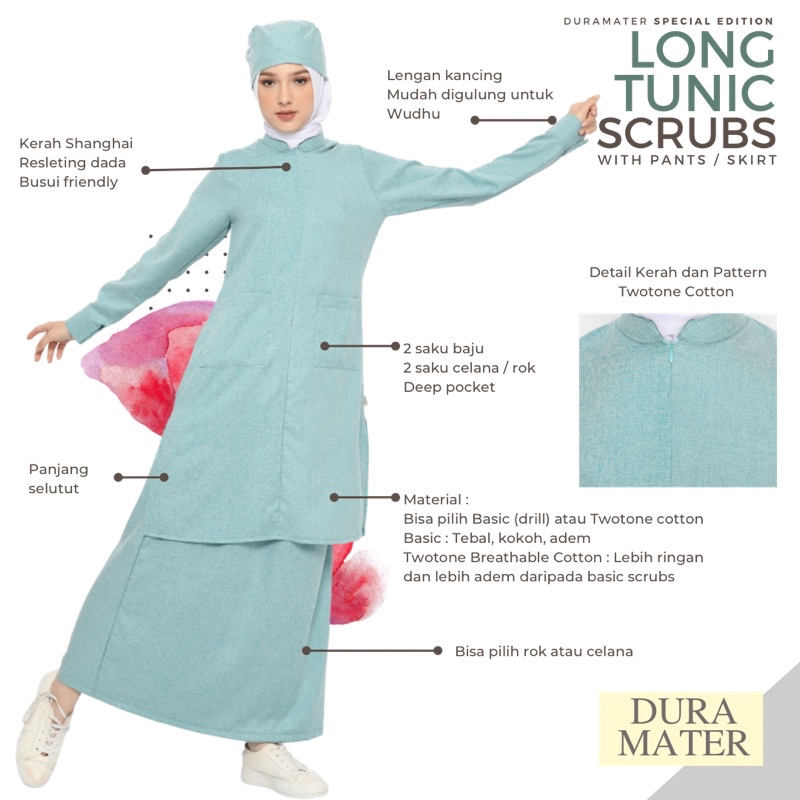 Long Tunic Scrubs Baju OKA Syari Muslimah Baju Jaga dan Jas Dokter Wanita Lengan Panjang Bahan Serat