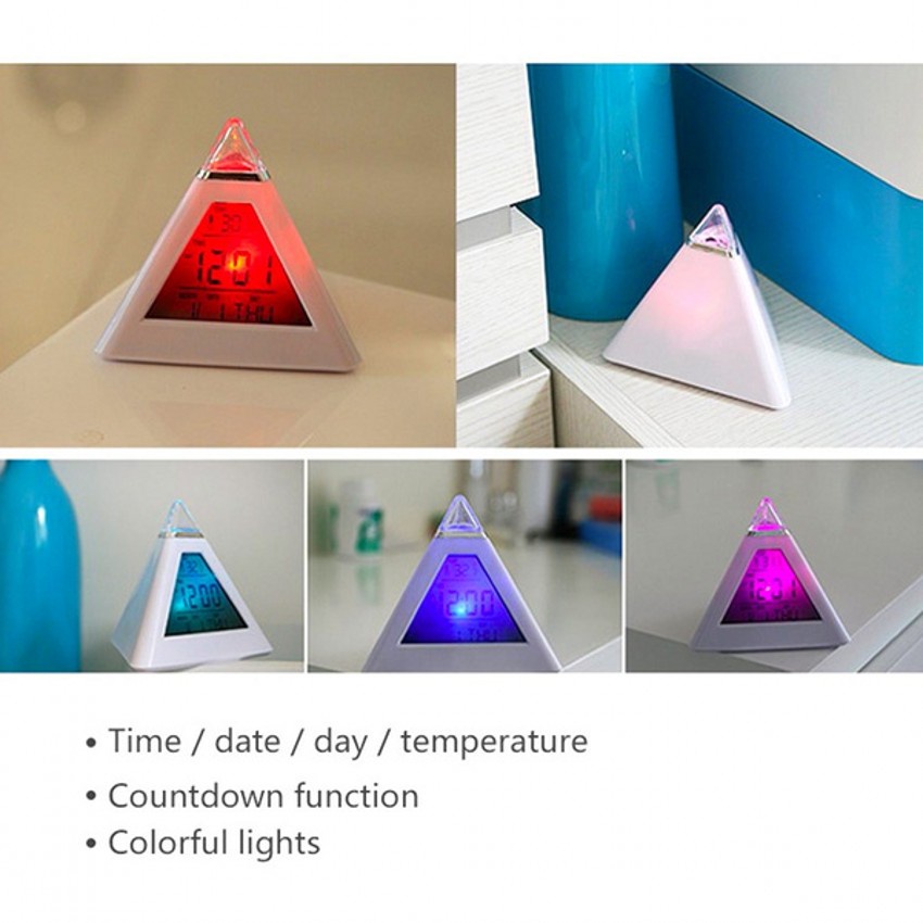 Jam Alarm Digital Portable Bentuk Piramida Dengan Led 7 Warna Untuk Kantor