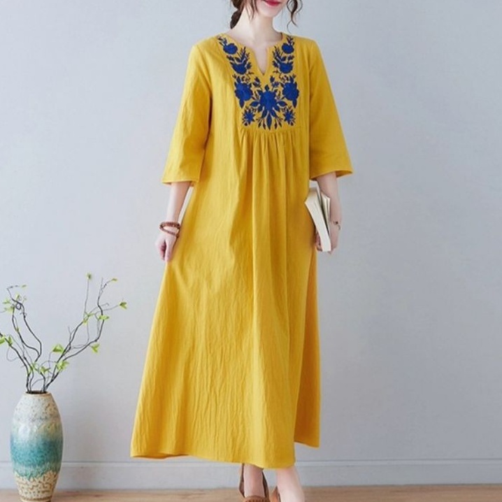 73370 Pakaian Baju Maxi dress lengan panjang depan ada motif bawah polos  import impor wanita terbar