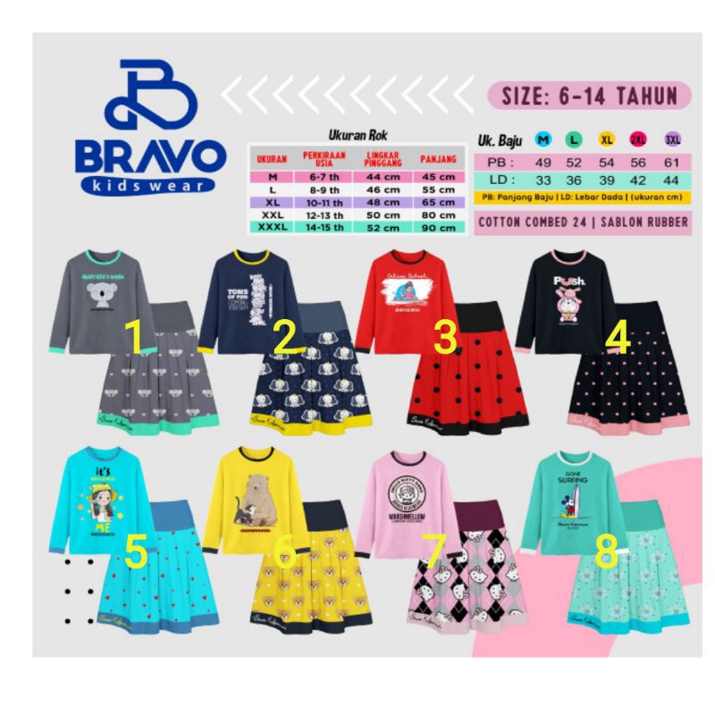 setelan rok anak cewek size 4-16 tahun bravo