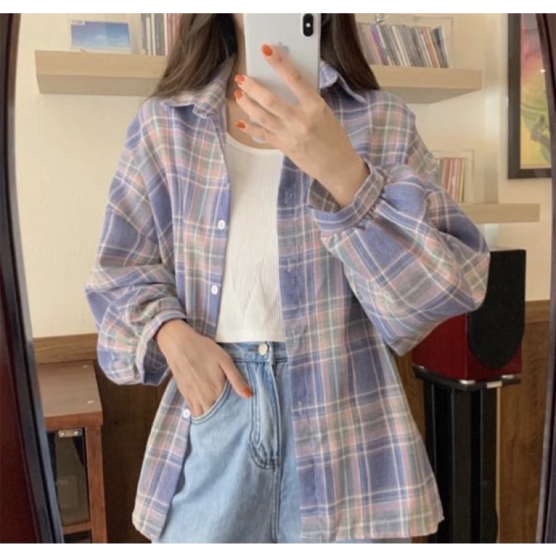 IOS SHOP - Kate Kemeja Katun Impor Casual Wanita Korea Fashion Girls Atasan Lengan Panjang Kotak Kotak-Biru pink