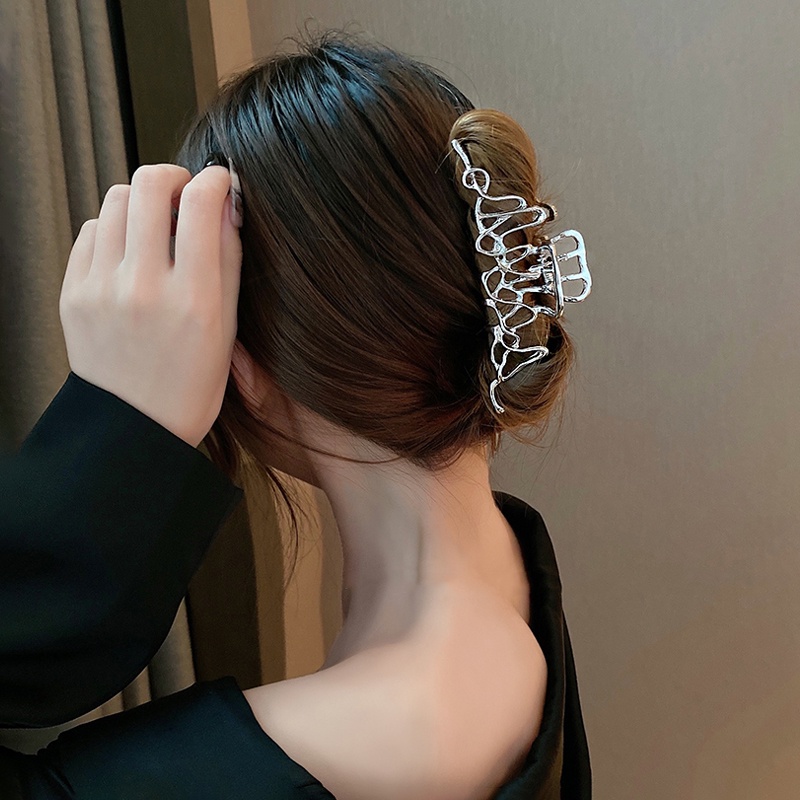 We Flower Irregular Liquid Metal Hair Claw Clips for Women Girls Hollow Silver Alloy Ponytail Holder Headwear