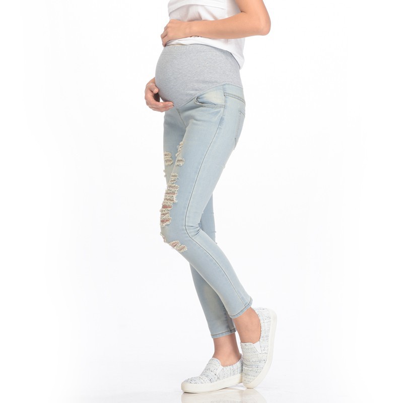 MOOIMOM Skinny Maternity Jeans With Rips Celana Panjang Hamil - Blue