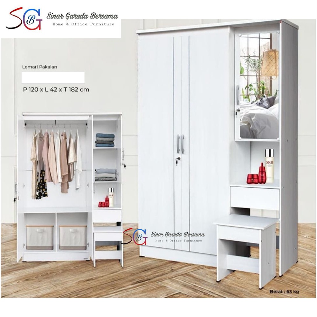 LEMARI PAKAIAN PUTIH + MEJA RIAS 3 PINTU / LEMARI BAJU MINIMALIS MEJA RIAS LUNARSOL