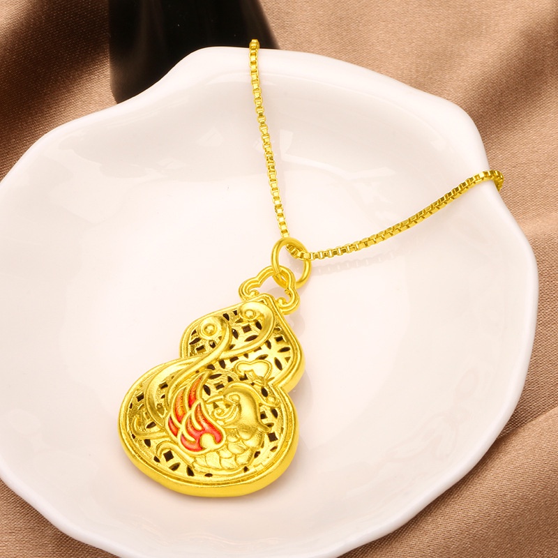 Kalung Liontin Labu Phoenix Hollow 3D Lapis Emas Asli Kadar 375 Gaya Vintage Etnik Untuk Wanita