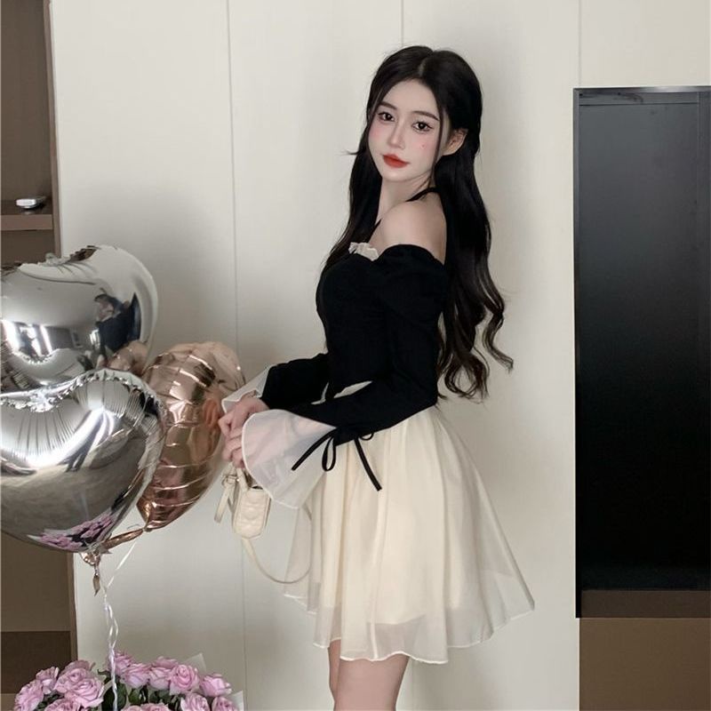 Rok A-line pelangsing pinggang tinggi baru wanita gaun lengan panjang jala