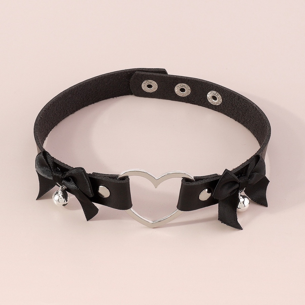 Harajuku Geometris Jantung Pu Leather Choker Untuk Wanita Double Ikatan Simpul Lonceng Kepribadian Kalung Perhiasan Hadiah Pesta