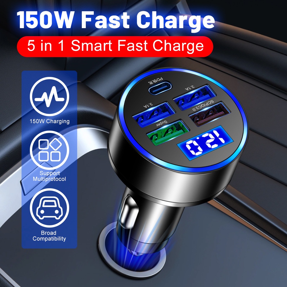 Charger 5port 150W Dengan Tegangan Untuk Tampilan Digital Pengisian Cepat PD+QC3.0 USB c Adaptor Handphone Untuk i-Phone Tipe c Android