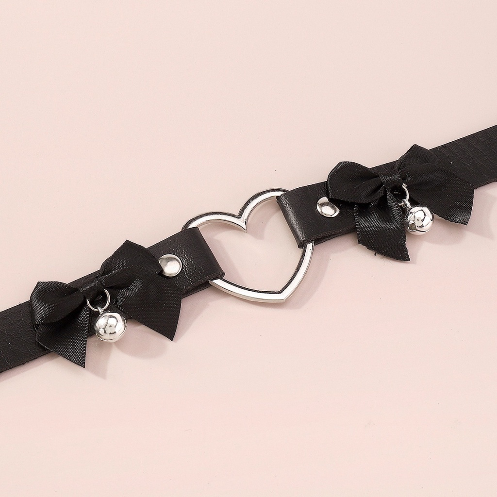 Harajuku Geometris Jantung Pu Leather Choker Untuk Wanita Double Ikatan Simpul Lonceng Kepribadian Kalung Perhiasan Hadiah Pesta