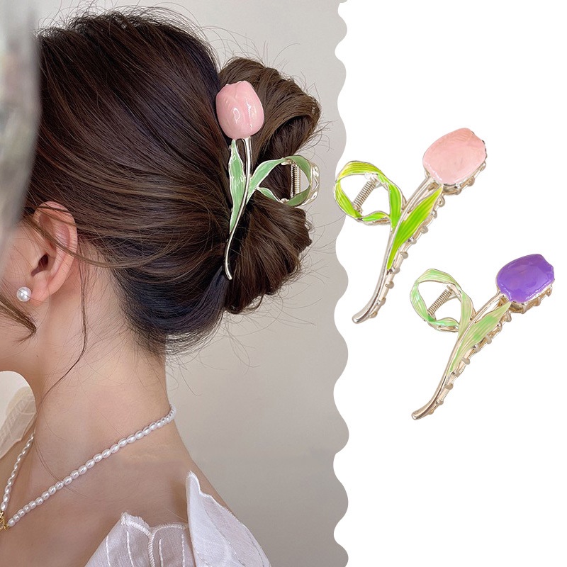 Streamer Tulip Style Grab Clip Elegance Colorful Flower Metal Jepit Hiu Rambut