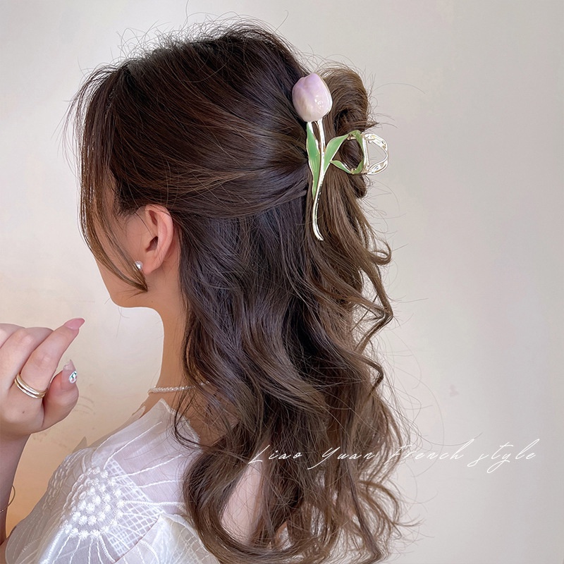 Streamer Tulip Style Grab Clip Elegance Colorful Flower Metal Jepit Hiu Rambut