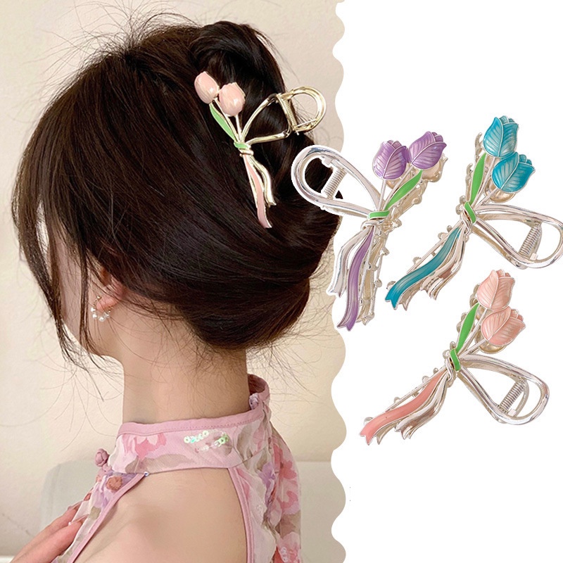 Streamer Tulip Style Grab Clip Elegance Colorful Flower Metal Jepit Hiu Rambut