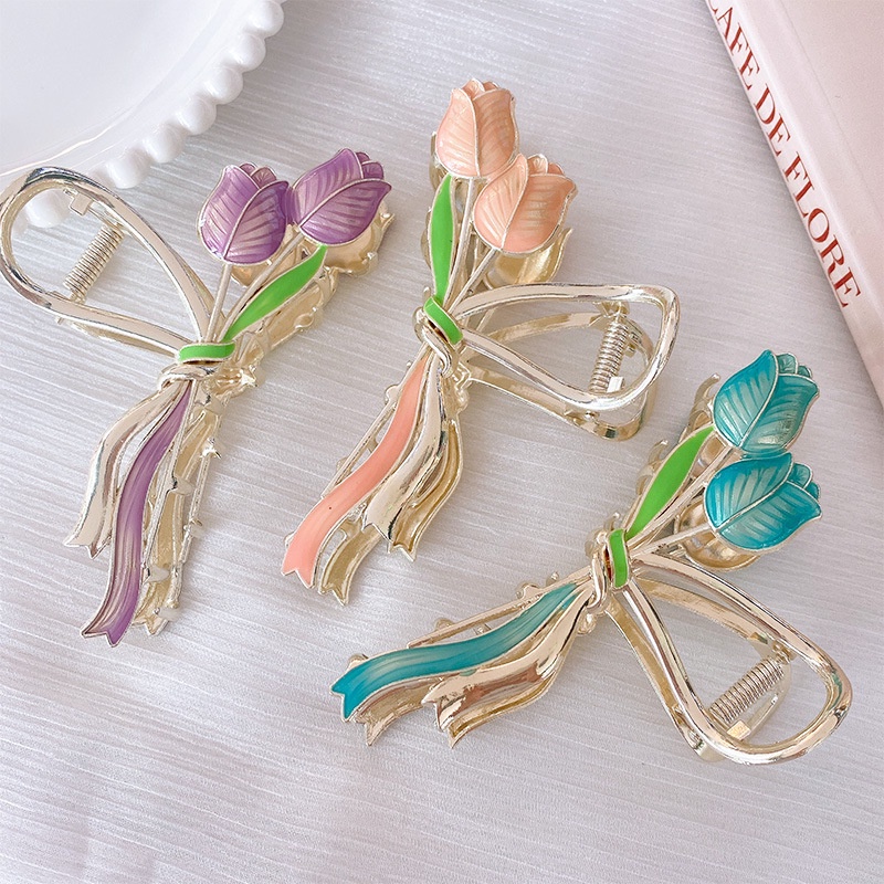 Streamer Tulip Style Grab Clip Elegance Colorful Flower Metal Jepit Hiu Rambut