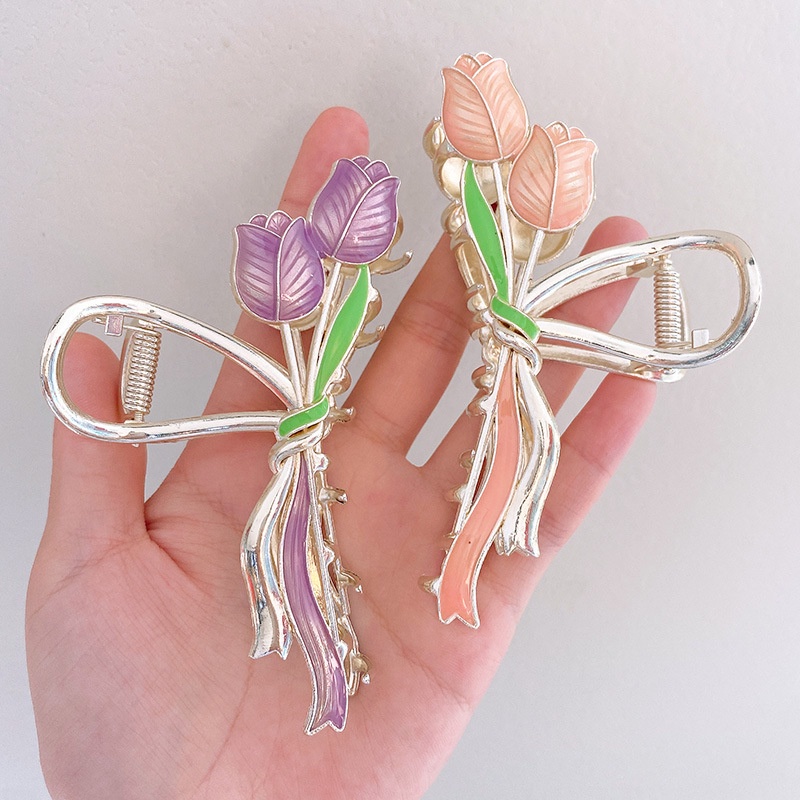 Streamer Tulip Style Grab Clip Elegance Colorful Flower Metal Jepit Hiu Rambut