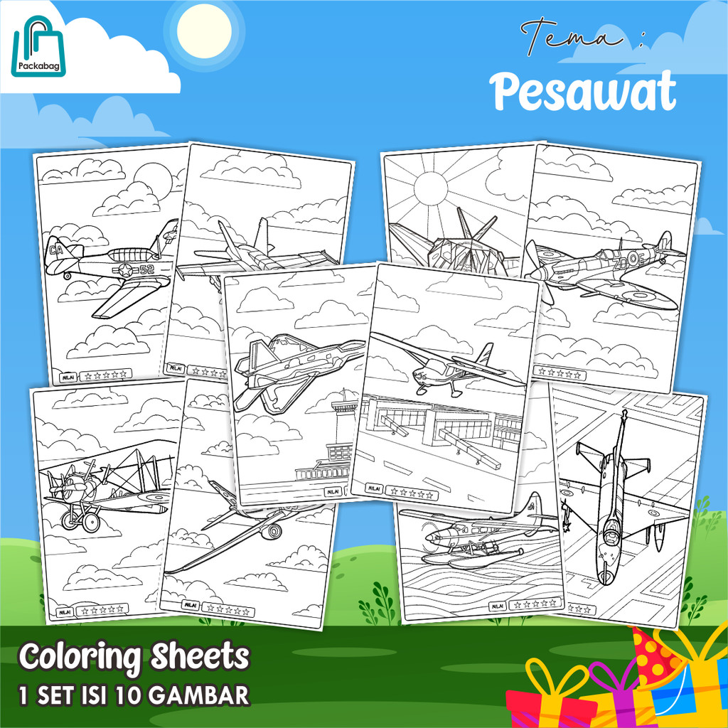 

KERTAS MEWARNAI ANAK UKURAN A4 – 1 PACK ISI 10 LEMBAR – COLORING SHEETS KARTUN EDUKATIF PESAWAT