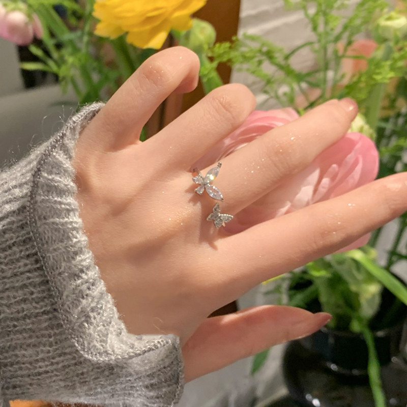 Korea Pertunangan Fashion Kupu-Kupu Zirkon Jari Cincin Elegan Mewah Berlian Cincin Wanita Perhiasan Aksesoris