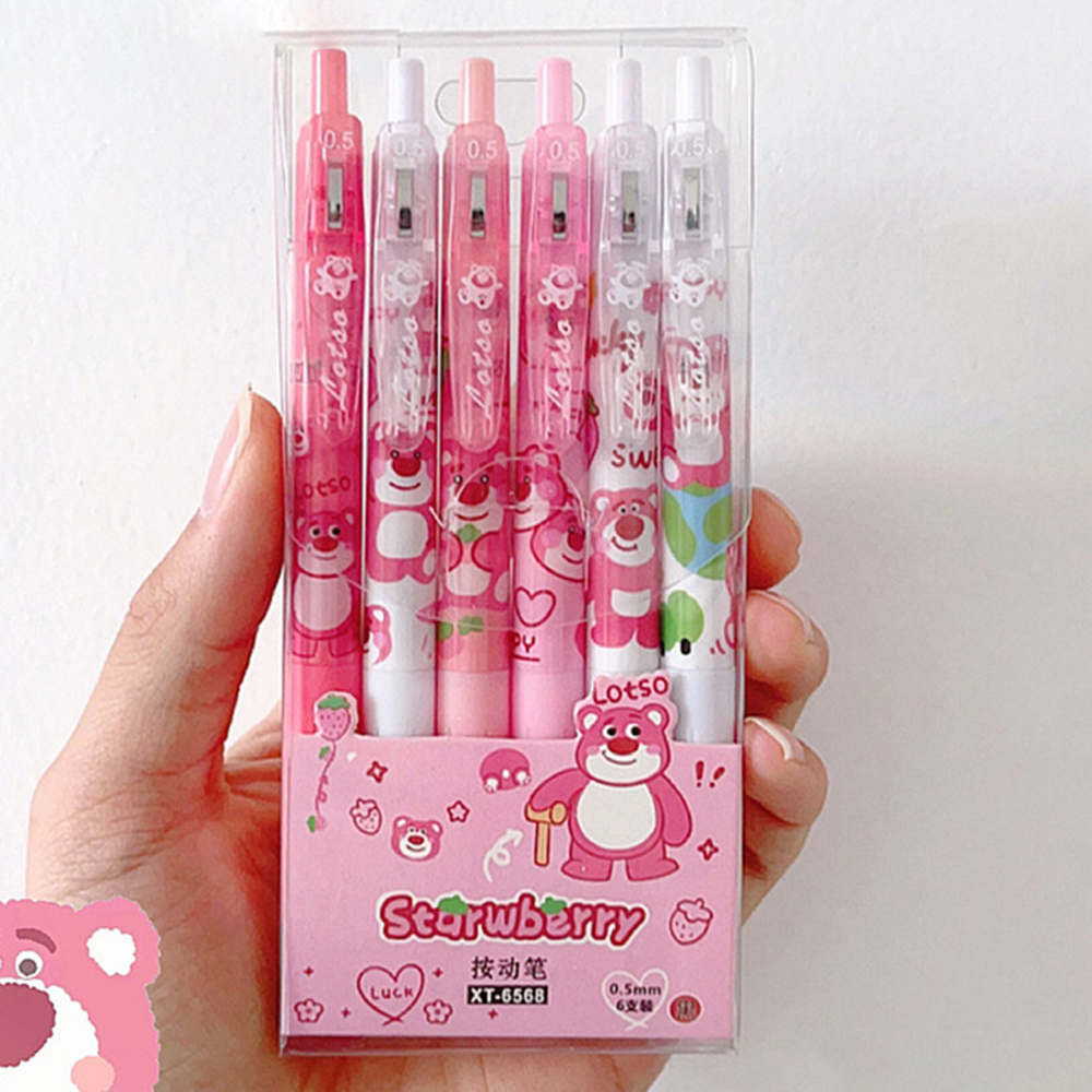 6pcs Pulpen Pink Strawberry Bear Manyo Press Gel Untuk Pelajar Sekolah Signature Pen Stationery 0.5mm