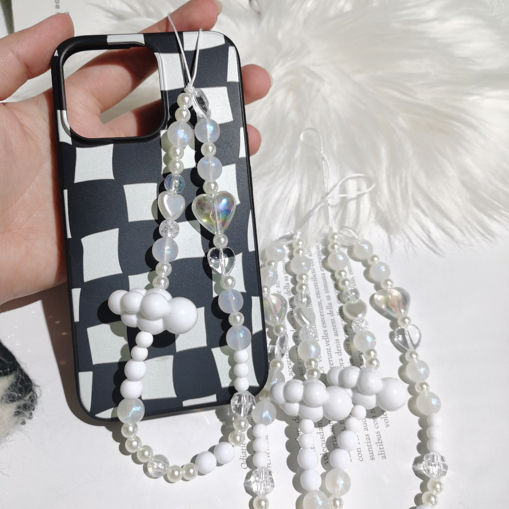 Korea Awan Putih Jantung Rantai Ponsel Anti Hilang Lembut Tembikar Tali Tali Tali Lanyard Manik Akrilik Warna-Warni Kasus Ponsel Gantung Kabel