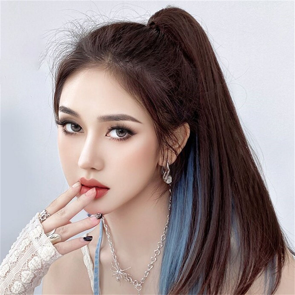 1pcs Wig Ekstensi Rambut Ponytail Panjang Lurus Tinggi Highlight Untuk Wanita Warna Biru Kabut Dengan Ponytail Claw Clip 50cm