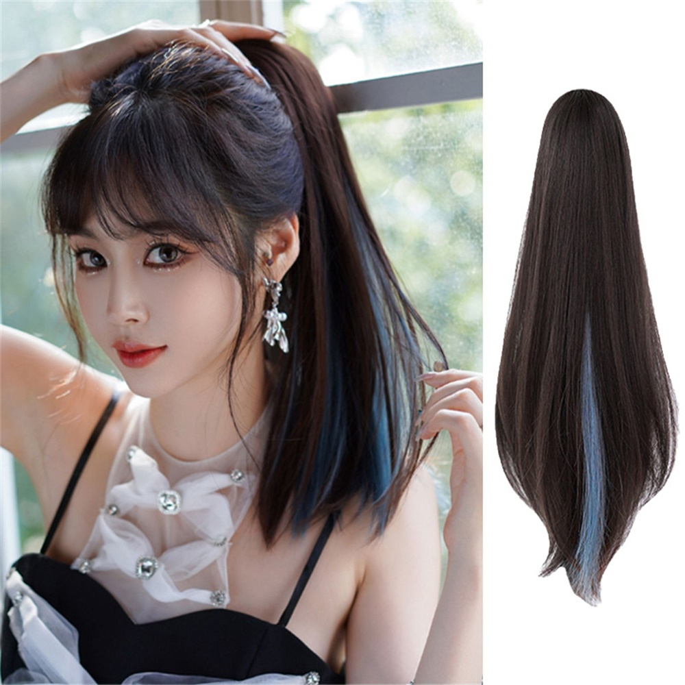 1pcs Wig Ekstensi Rambut Ponytail Panjang Lurus Tinggi Highlight Untuk Wanita Warna Biru Kabut Dengan Ponytail Claw Clip 50cm