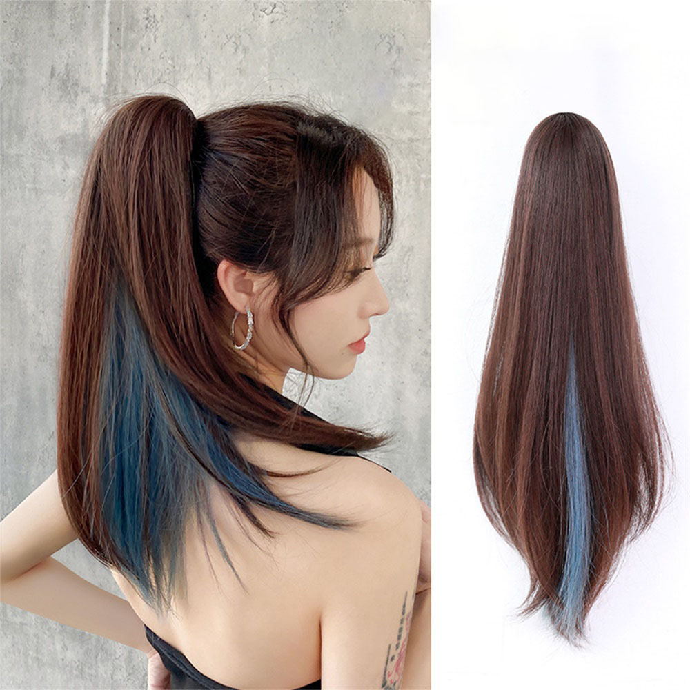 1pcs Wig Ekstensi Rambut Ponytail Panjang Lurus Tinggi Highlight Untuk Wanita Warna Biru Kabut Dengan Ponytail Claw Clip 50cm