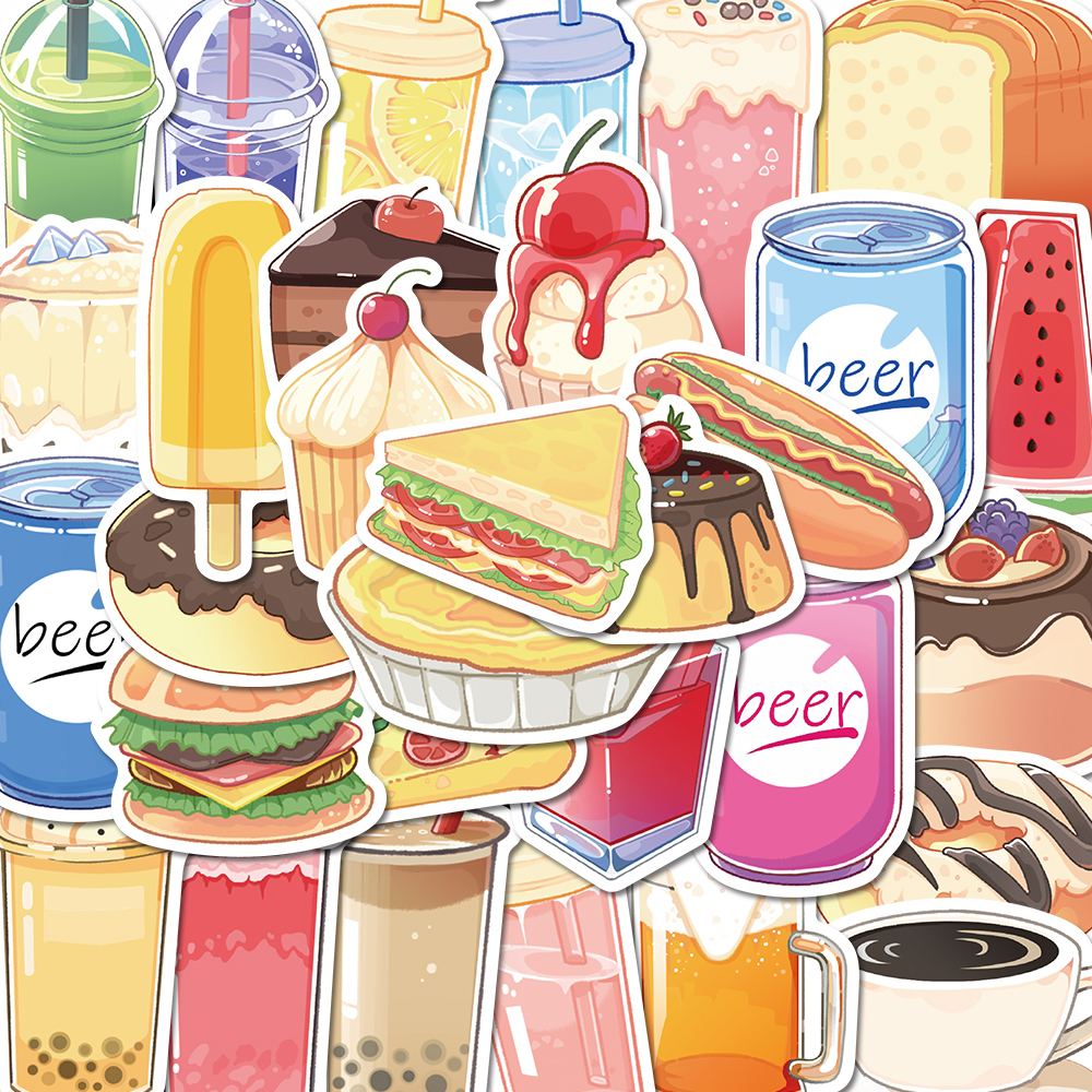 50pcs Stiker Lucu Kartun Makanan Dan Minuman Water cup Helm Dekorasi Tahan Air Stiker