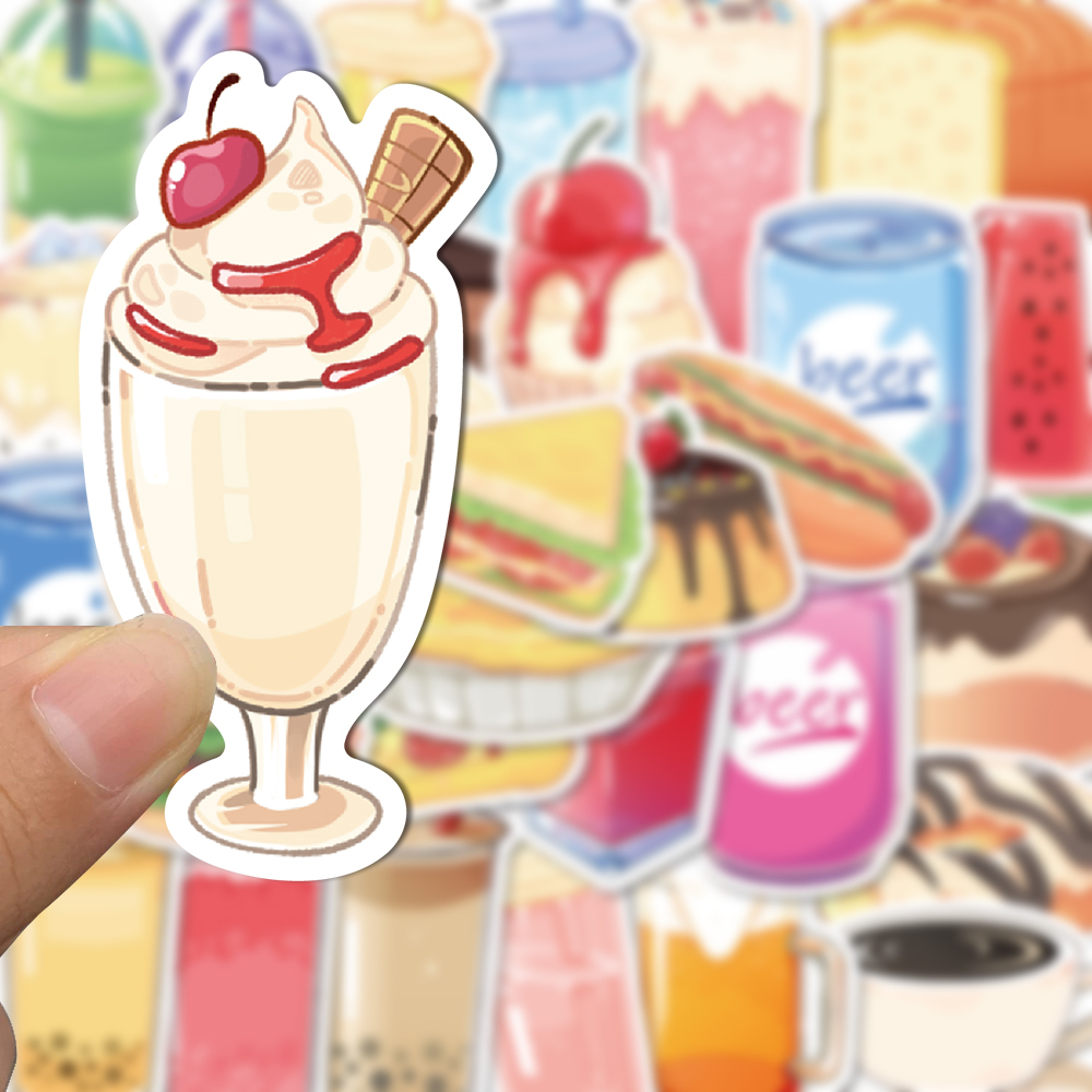 50pcs Stiker Lucu Kartun Makanan Dan Minuman Water cup Helm Dekorasi Tahan Air Stiker