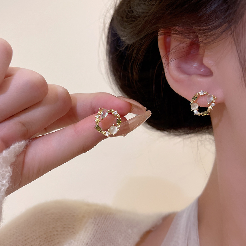 Supre Anting Tusuk Jarum Perak925 Lucu Mewah Opal Round Ear Studs