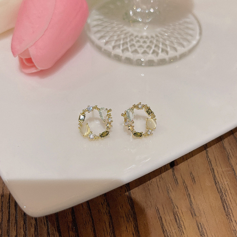 Supre Anting Tusuk Jarum Perak925 Lucu Mewah Opal Round Ear Studs