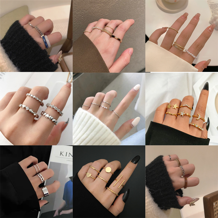 Fashion Sederhana Set Cincin Keren Rantai Angin Sederhana Cincin Kupu-Kupu Hati Set Cincin Untuk Wanita Perhiasan Aksesoris