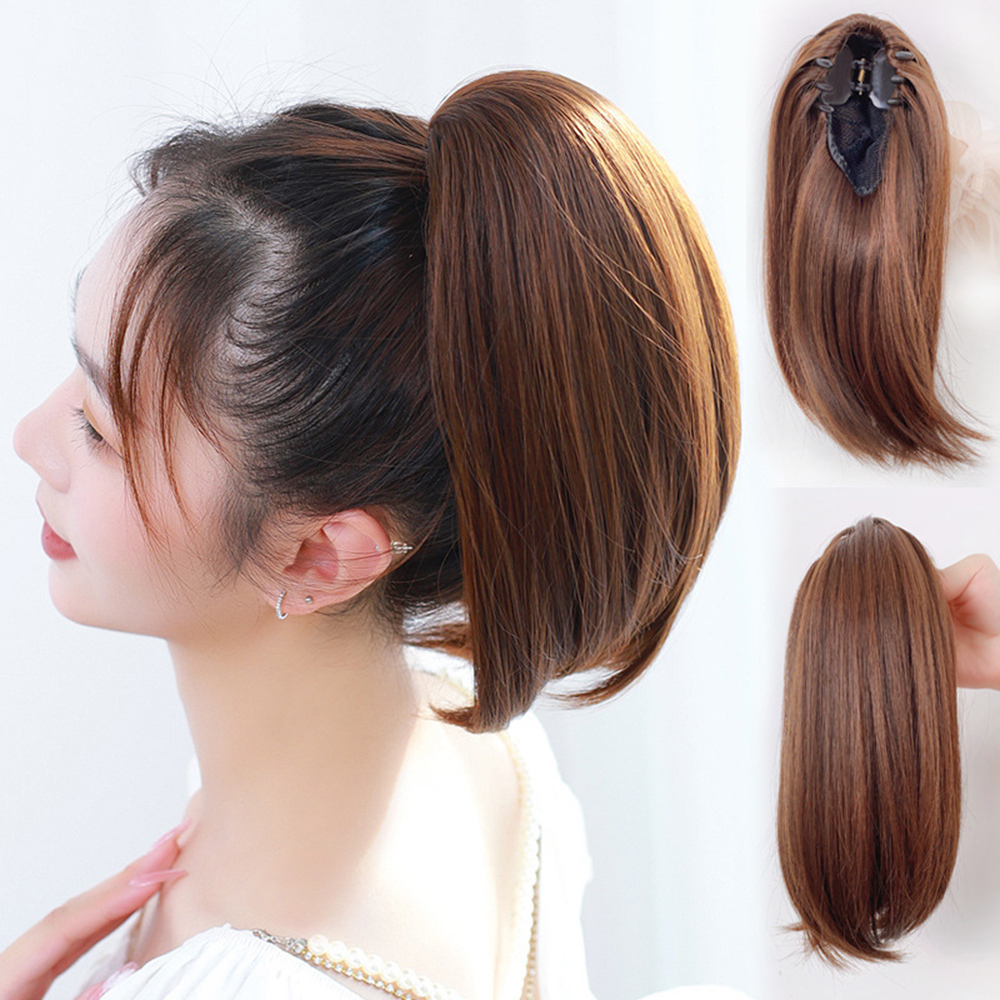 Elegan Realistis 30cm Pendek Lurus Hair Clip on Ponytail Wig Rambut Ekstensi Untuk Wanita Perempuan