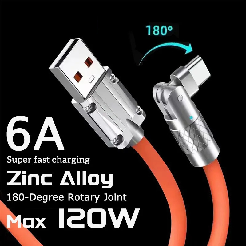 120w 6A Kabel Charger Cepat Antarmuka Putar Tipe-c Kabel Charger 6.0 Zinc Alloy USB Cable Metal 6A