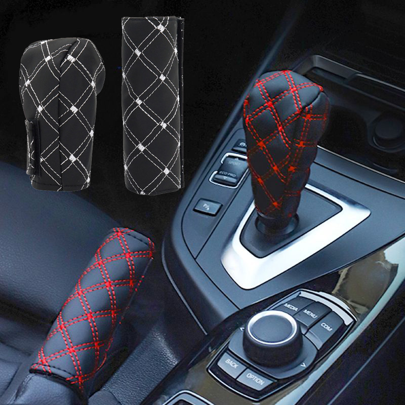 Universal Sarung Cover Kulit Rem Tangan Dan Gigi Persneling Interior Cover Handbrake Mobil Cover Perseneling Sarung Rem Tangan