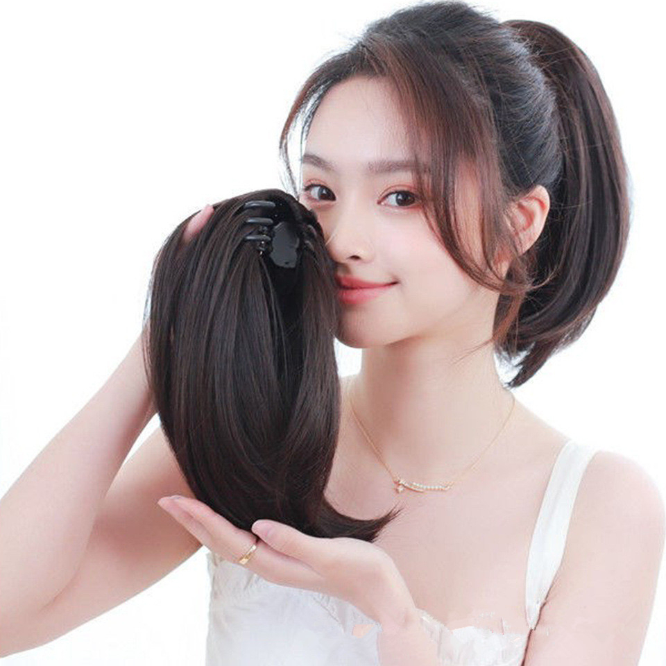 Wanita Perempuan Pendek Lurus Ponytail Wig Rambut Klip Gaya Invisible Hair Extension 30cm