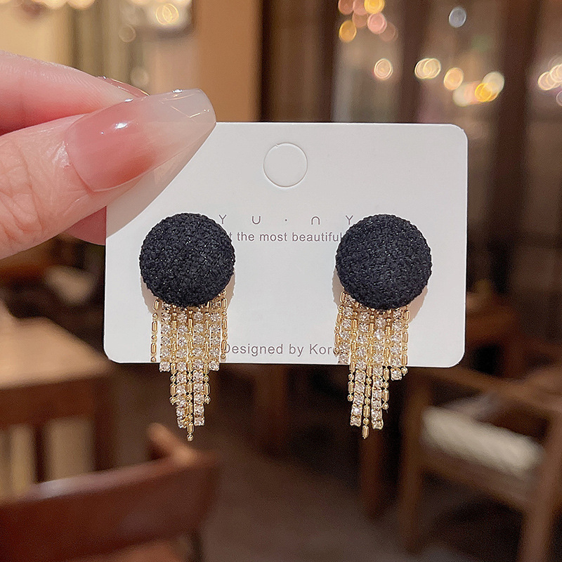 Jarum Perak925 Wanita Panjang Rumbai Stud Earring Hitam Ear Studs