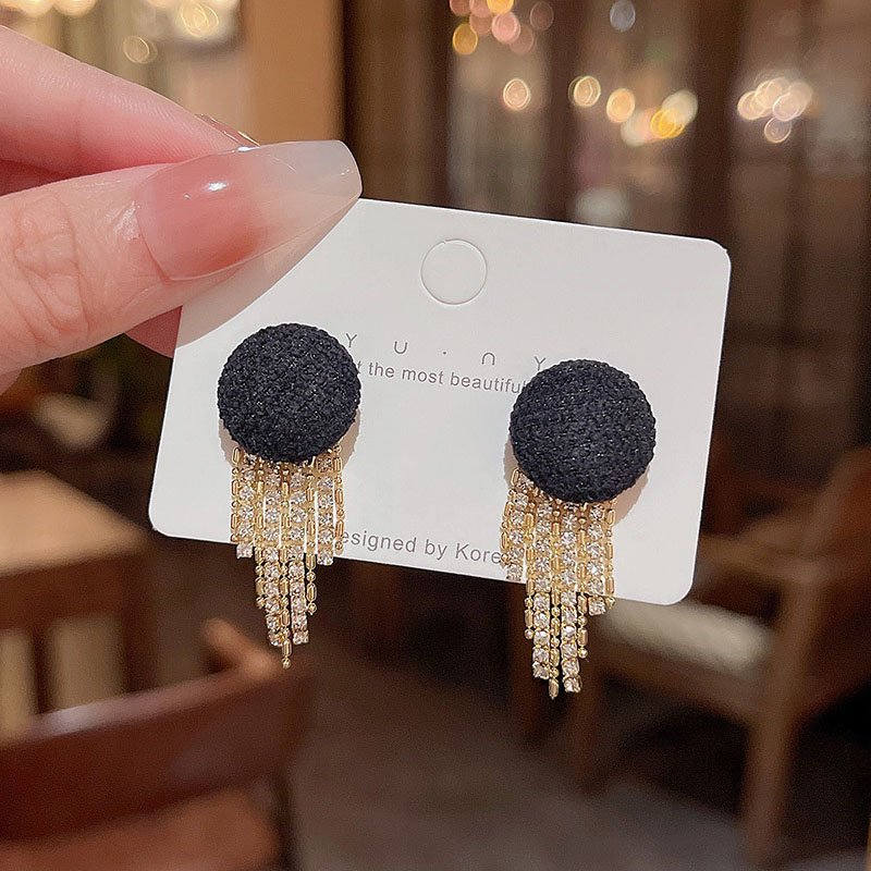 Jarum Perak925 Wanita Panjang Rumbai Stud Earring Hitam Ear Studs